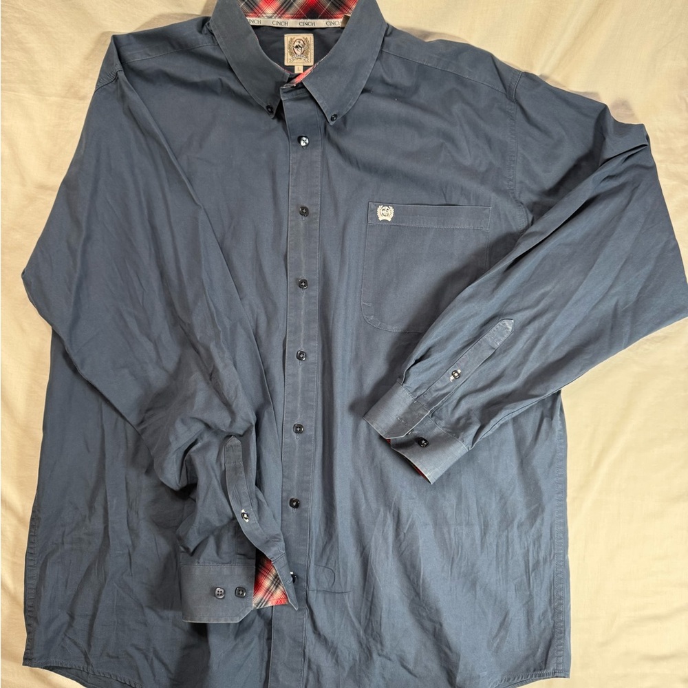 Cinch Blue Long Sleeve Button Down Shirt with Red Plaid Accent size large